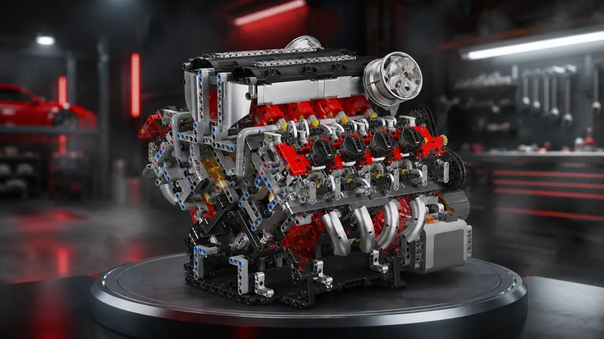 Modello in mattoncini di un motore V8 su una base girevole in un'officina elegante