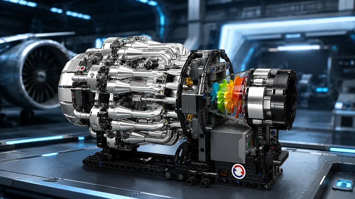 Stavebnicový model leteckého motoru ve futuristické laboratoři s viditelnými stříbrnými trubkami