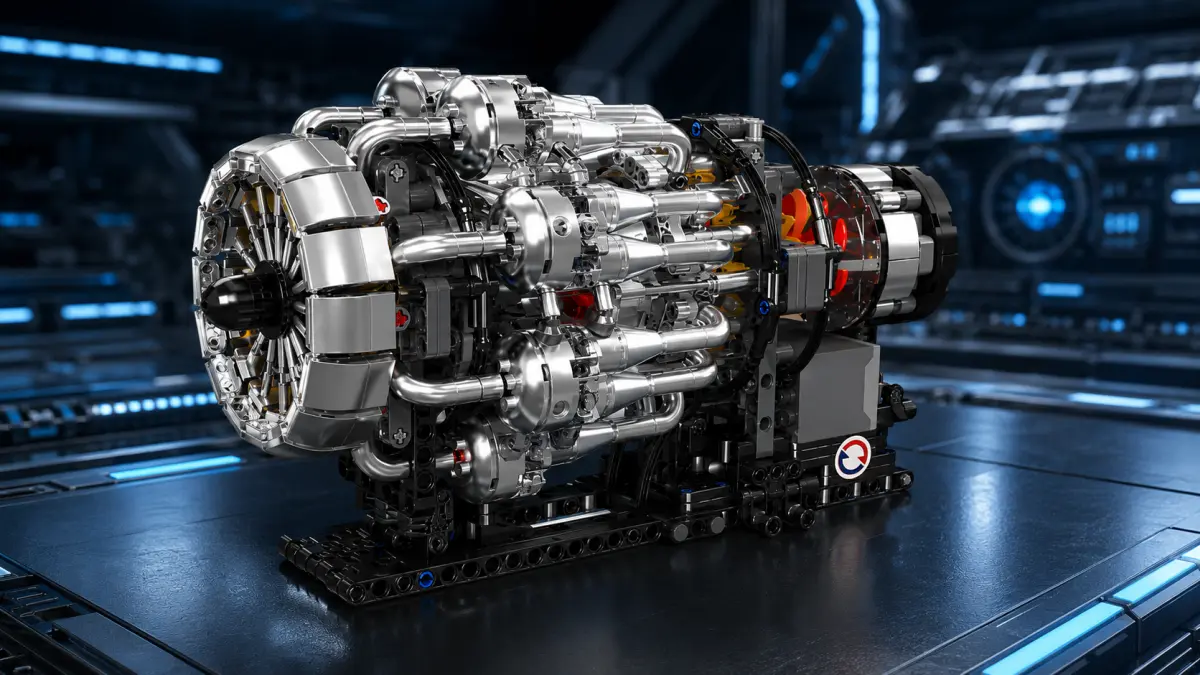 Stavebnicový model letecké turbíny zobrazený zepředu na technické platformě