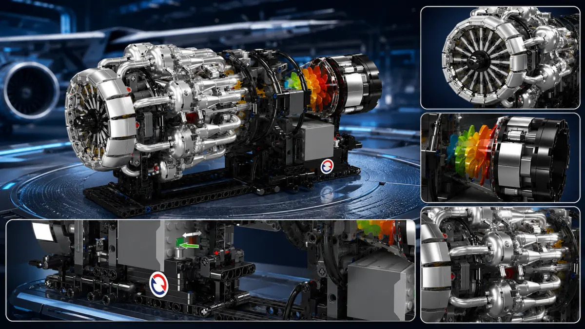Stavebnicový turbínový motor s panely ukazujícími mechanismus, rotor a barevné prvky