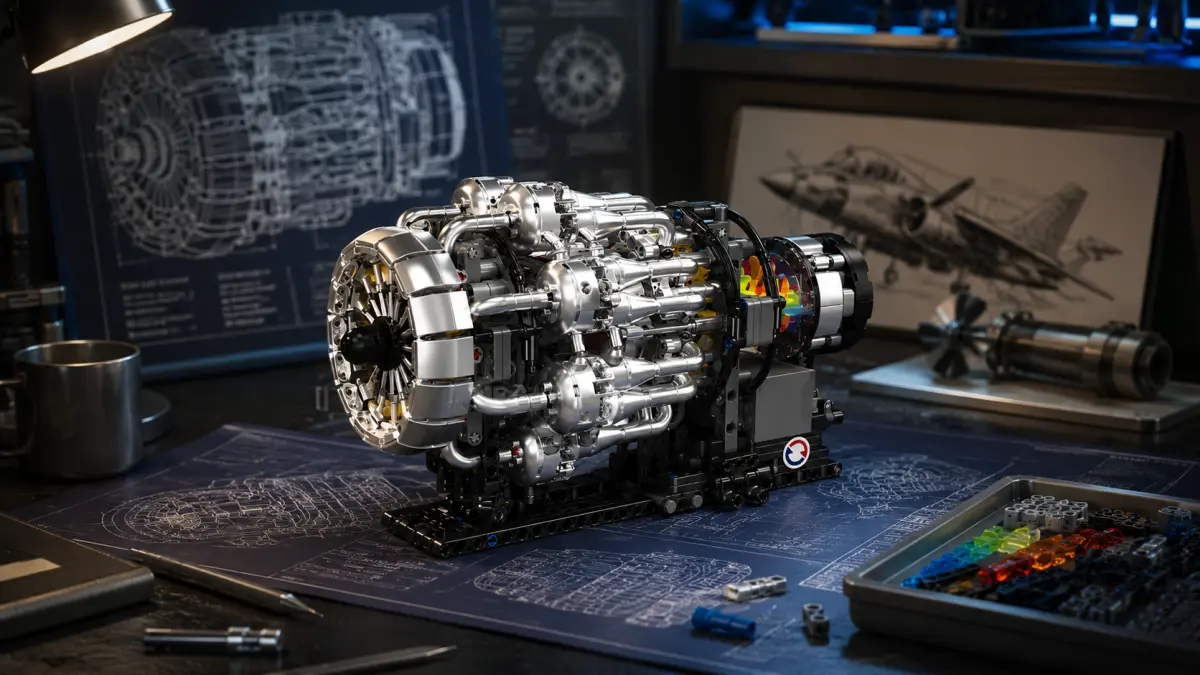 Stavebnicový letecký motor na projektovém stole s díly a technickými náčrty