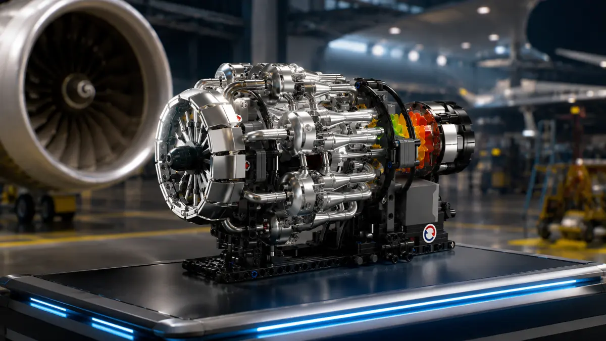 Stavebnicový model leteckého motoru na platformě v hangáru u velké turbíny letadla