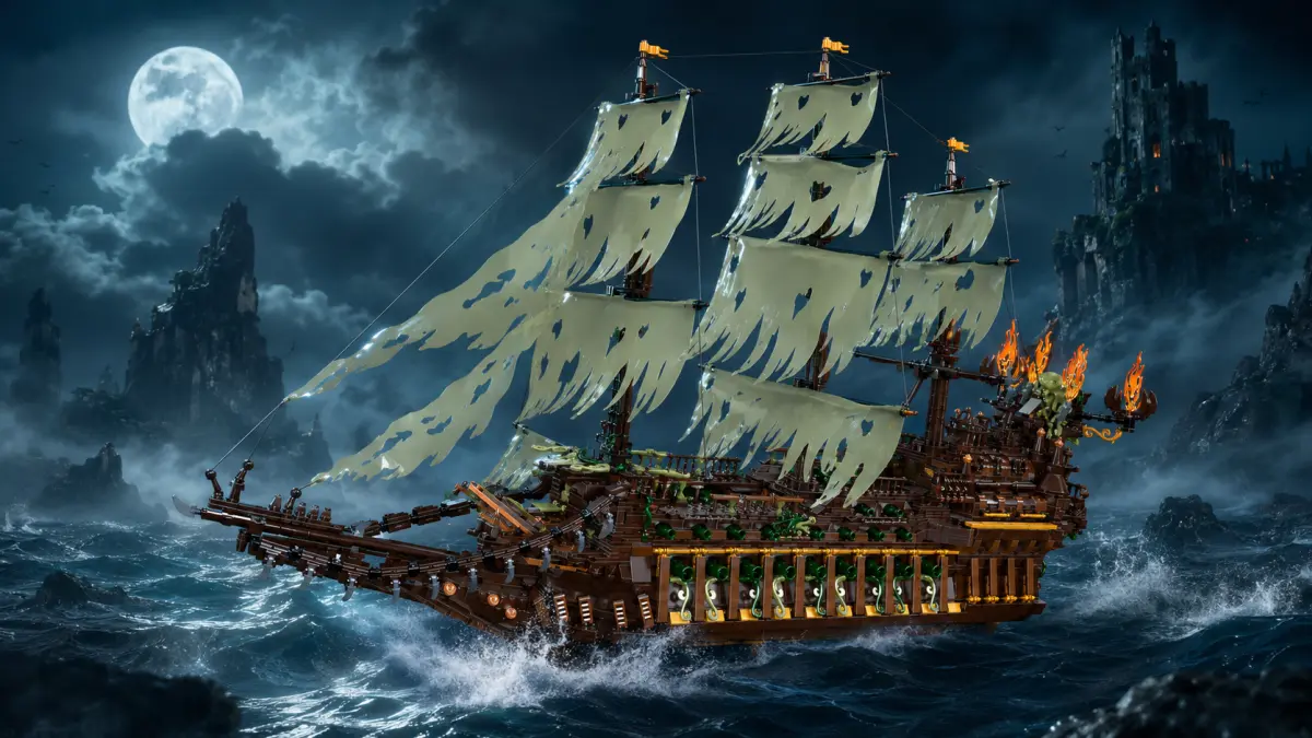 Modelo de navio fantasma de blocos navegando em mar agitado sob o brilho da lua.
