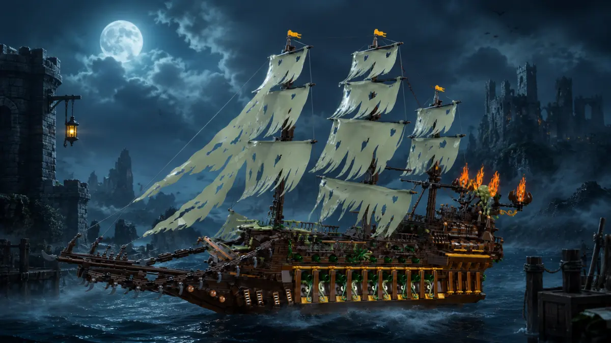 Modelo de navio sombrio com velas rasgadas entrando no porto sob a lua cheia.