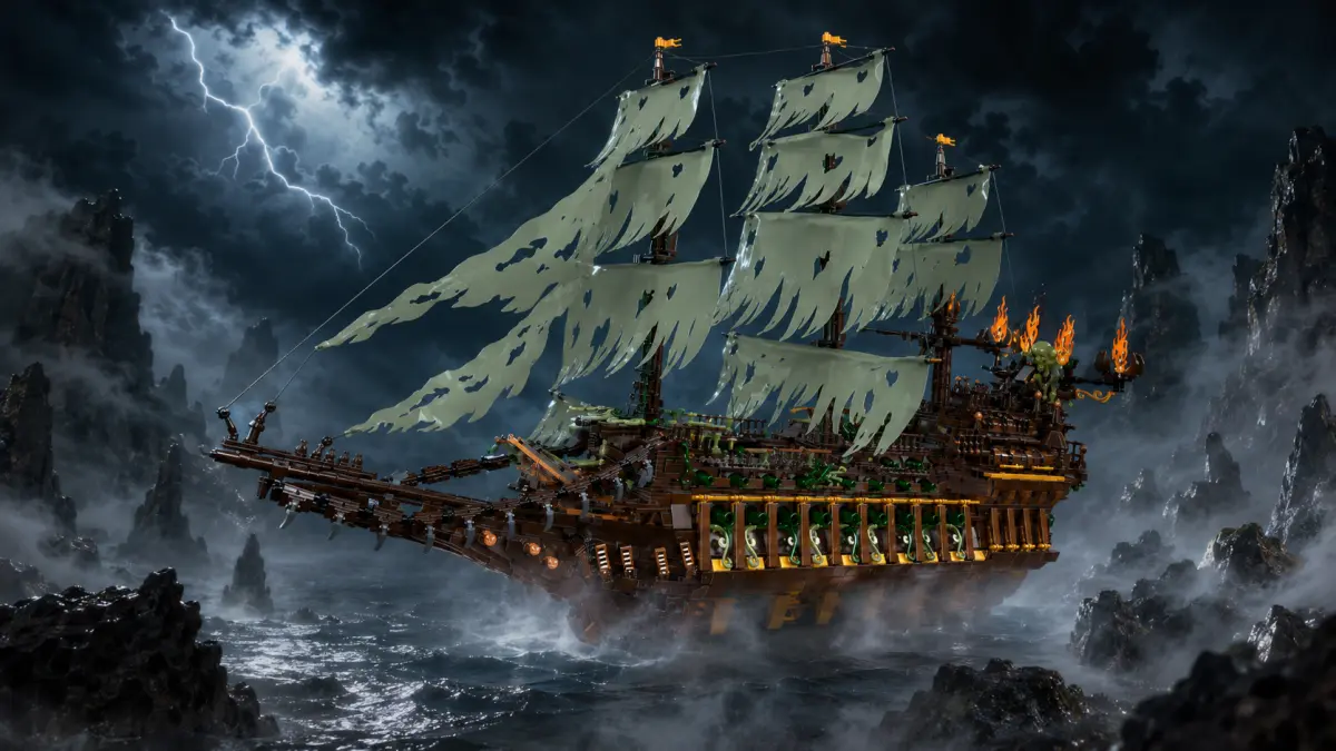 Navio fantasma de blocos entre ondas rochosas, nevoeiro e rel&acirc;mpagos durante uma tempestade noturna.
