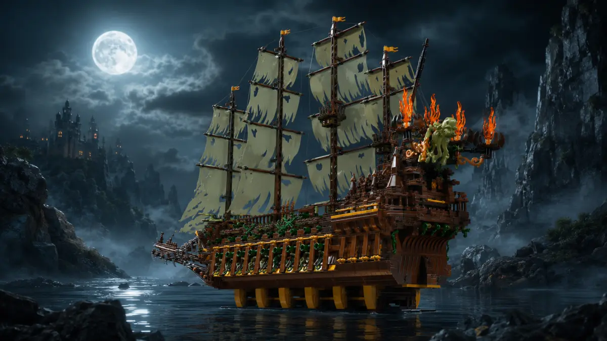 Modelo de navio de blocos visto da popa, com decora&ccedil;&otilde;es em chamas sobre um fundo de rochas lunares.