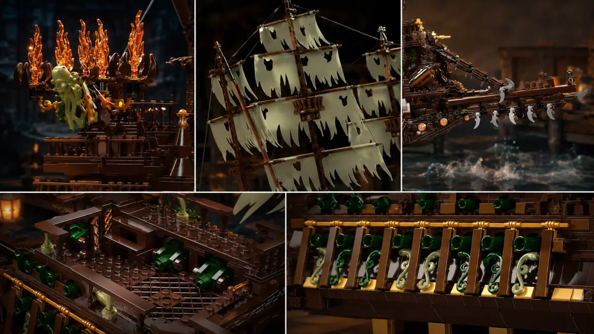 Colagem de detalhes do modelo de navio: figura em chamas, velas rasgadas, proa armada, conv&eacute;s e bordas.