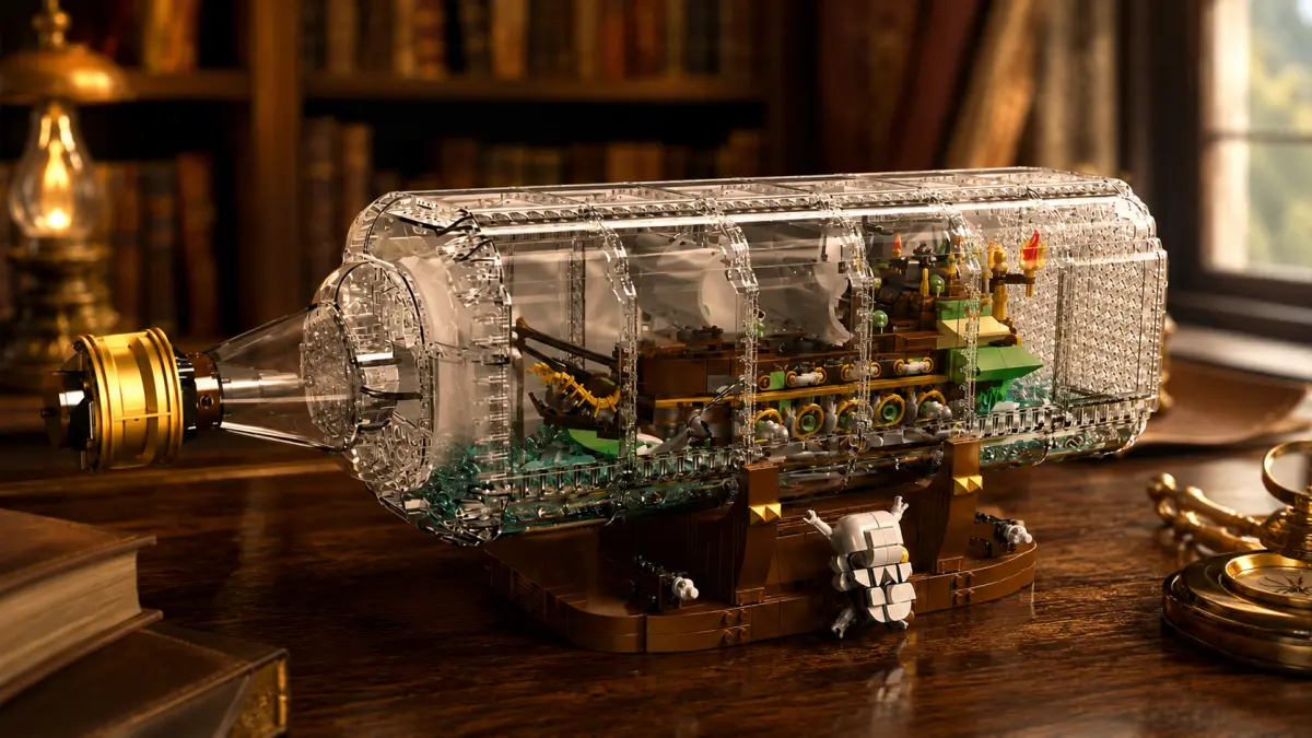 Navio de blocos numa garrafa transparente mostrado de lado com uma biblioteca ao fundo