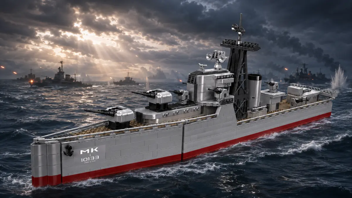 Navio de guerra de blocos navegando em mar agitado, com outras unidades e explosões ao fundo