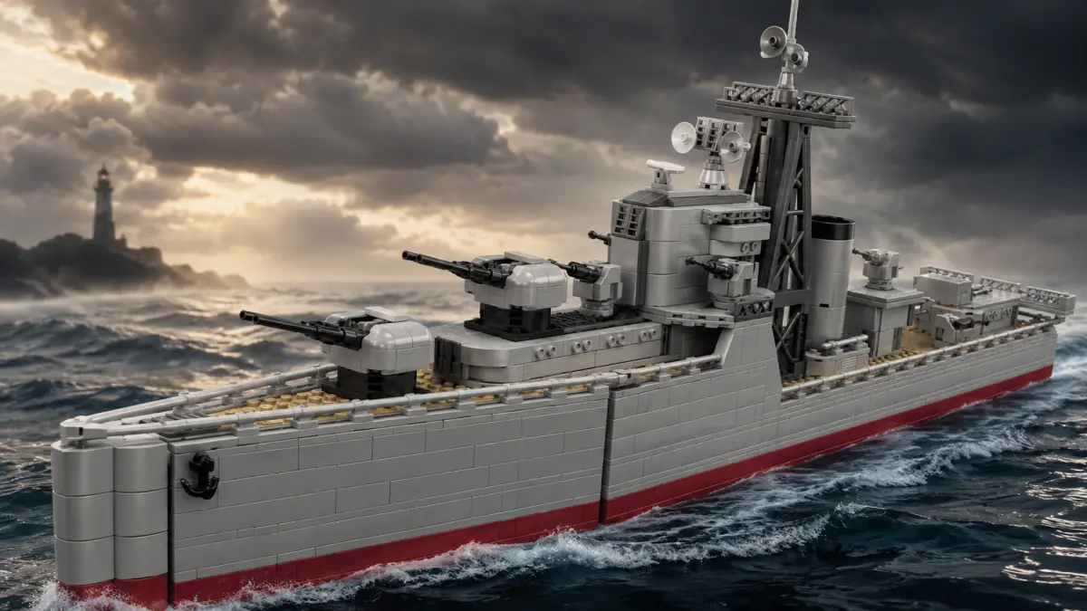 Navio de guerra de blocos em mar agitado sob céu tempestuoso, com um farol ao fundo