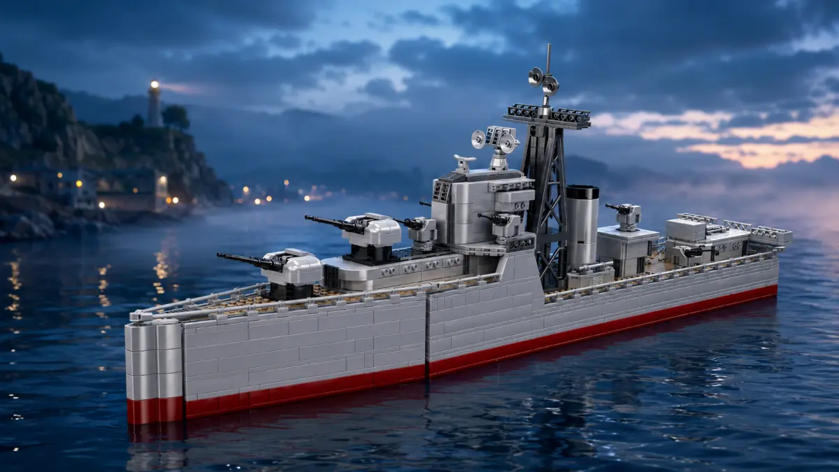Navio de guerra de blocos em água calma ao entardecer, com um farol iluminado ao fundo