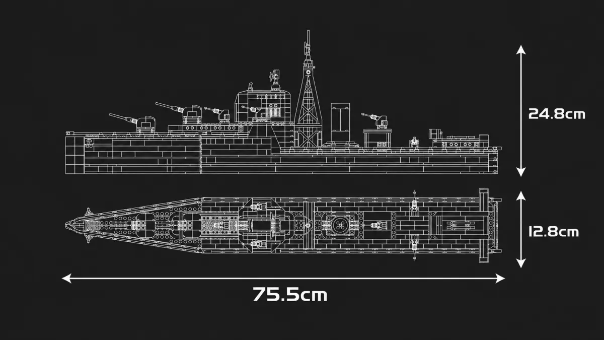 Desenho técnico de um navio de guerra de blocos com vista lateral e superior em fundo preto