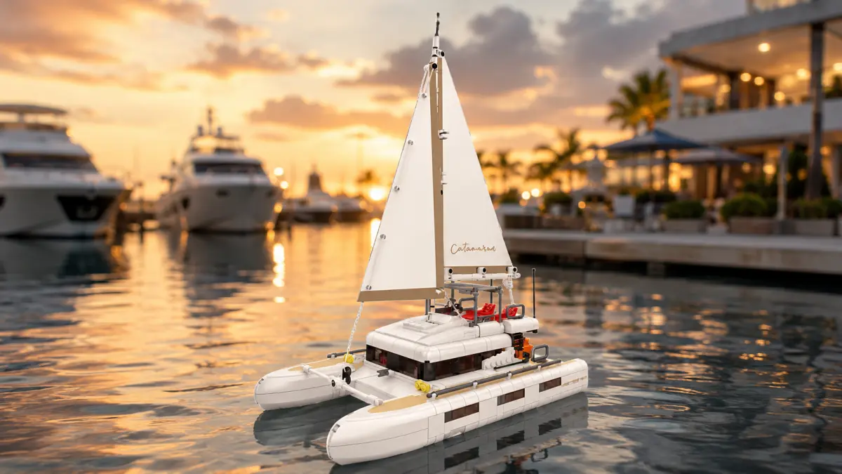 White brick-built catamaran with sails on the water in a marina at sunset