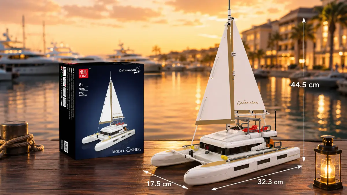 White brick-built catamaran with sails and packaging on a wooden jetty in a marina