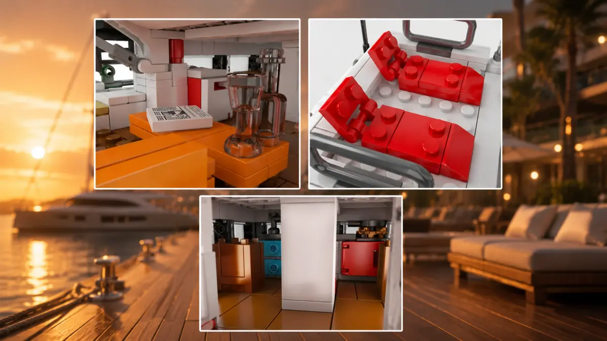 Close-ups of the interior of a brick-built catamaran with cockpit, red seats and cabin