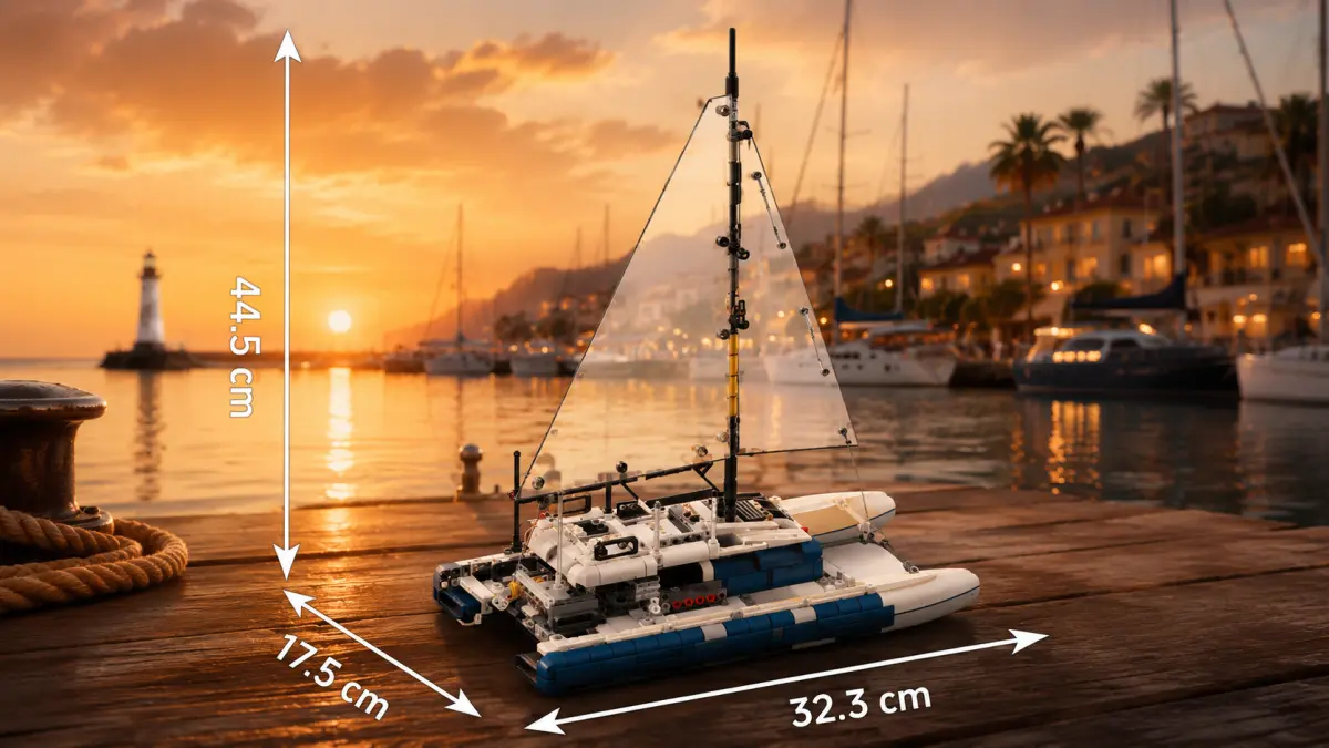 Brick-built catamaran with a transparent sail on a wooden jetty at sunset