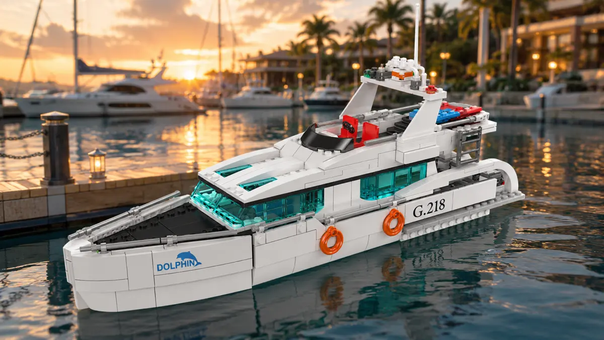Iate motorizado branco de blocos flutuando na água numa marina ao pôr do sol