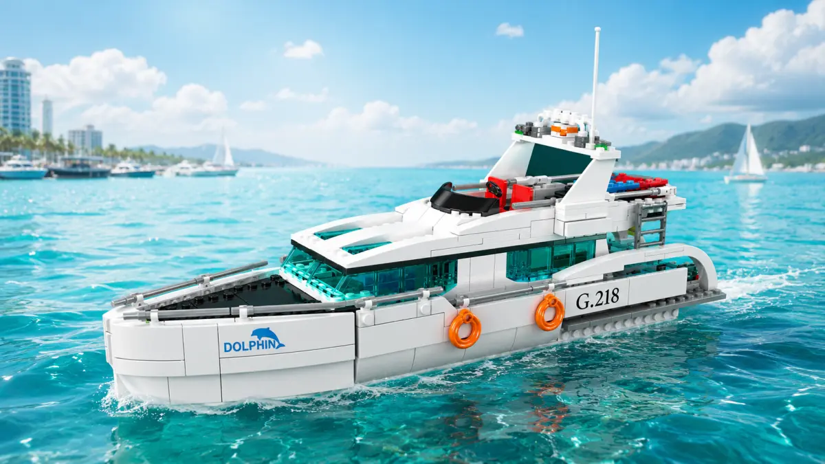 Iate motorizado branco de blocos navegando no mar turquesa junto a uma cidade costeira