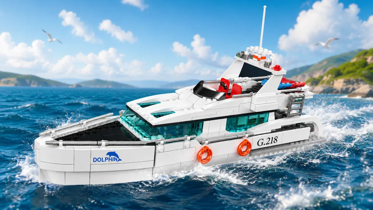 Iate motorizado branco de blocos navegando em mar agitado junto a uma costa rochosa