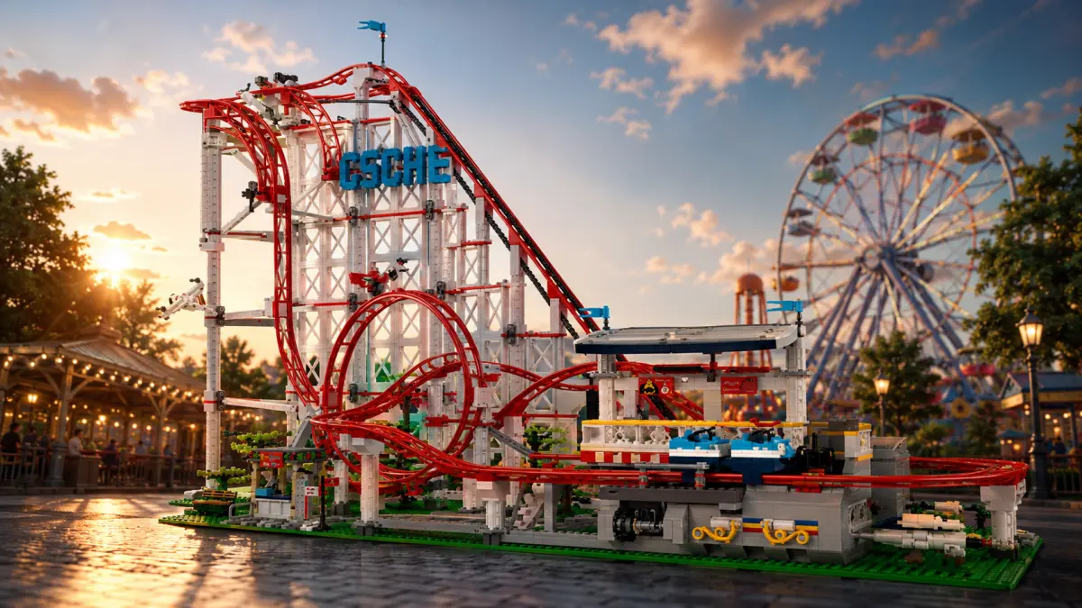 Aydınlatılmış bir eğlence parkında kırmızı döngülü ve istasyonlu blok roller coaster