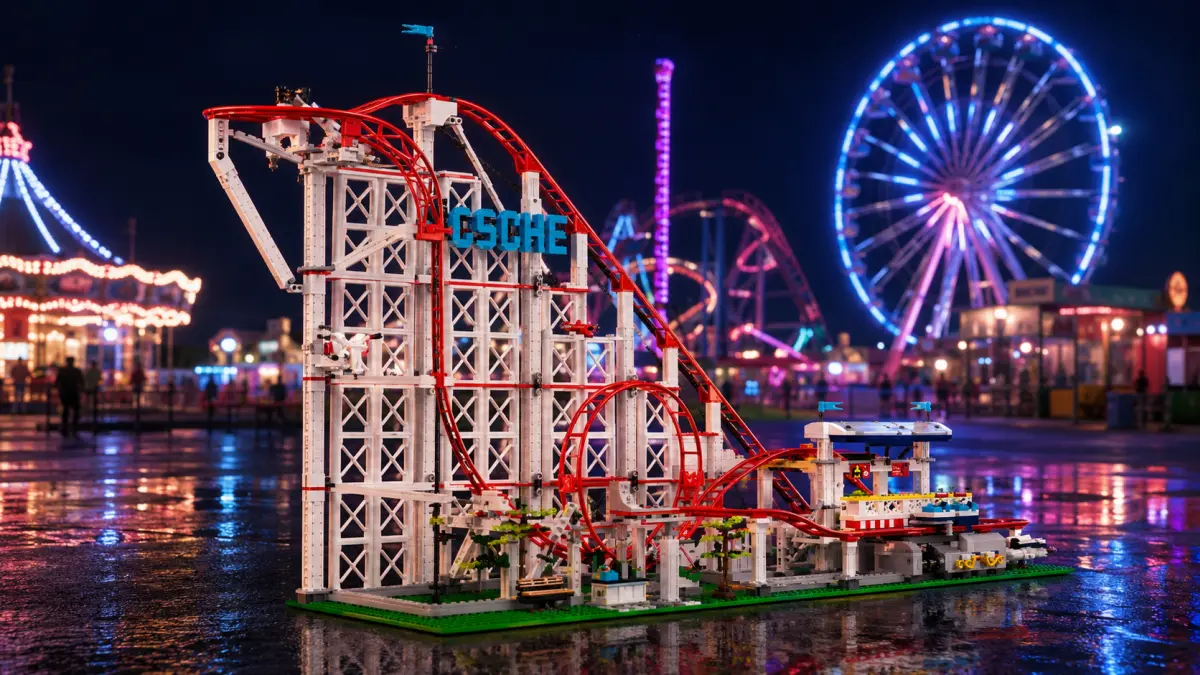 Gece eğlence parkında kırmızı raylı blok roller coaster ve aydınlatılmış bir çarkıfelek
