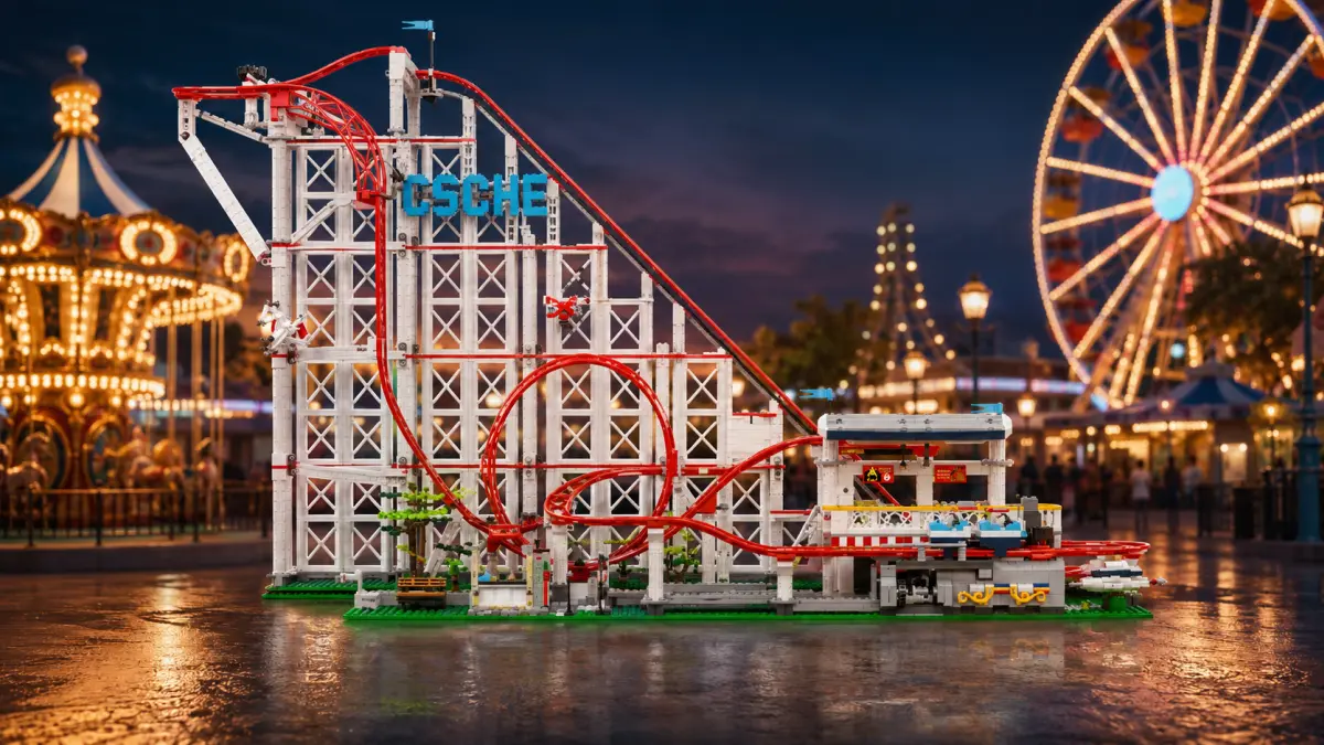 Yüksek beyaz yapılı ve kırmızı raylı blok roller coaster, gece atraksiyonları arka planında