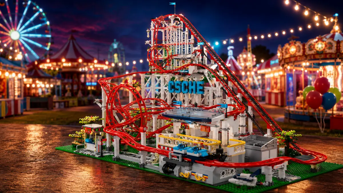 Renkli bir eğlence parkında gece kırmızı döngülü ve istasyonlu blok roller coaster