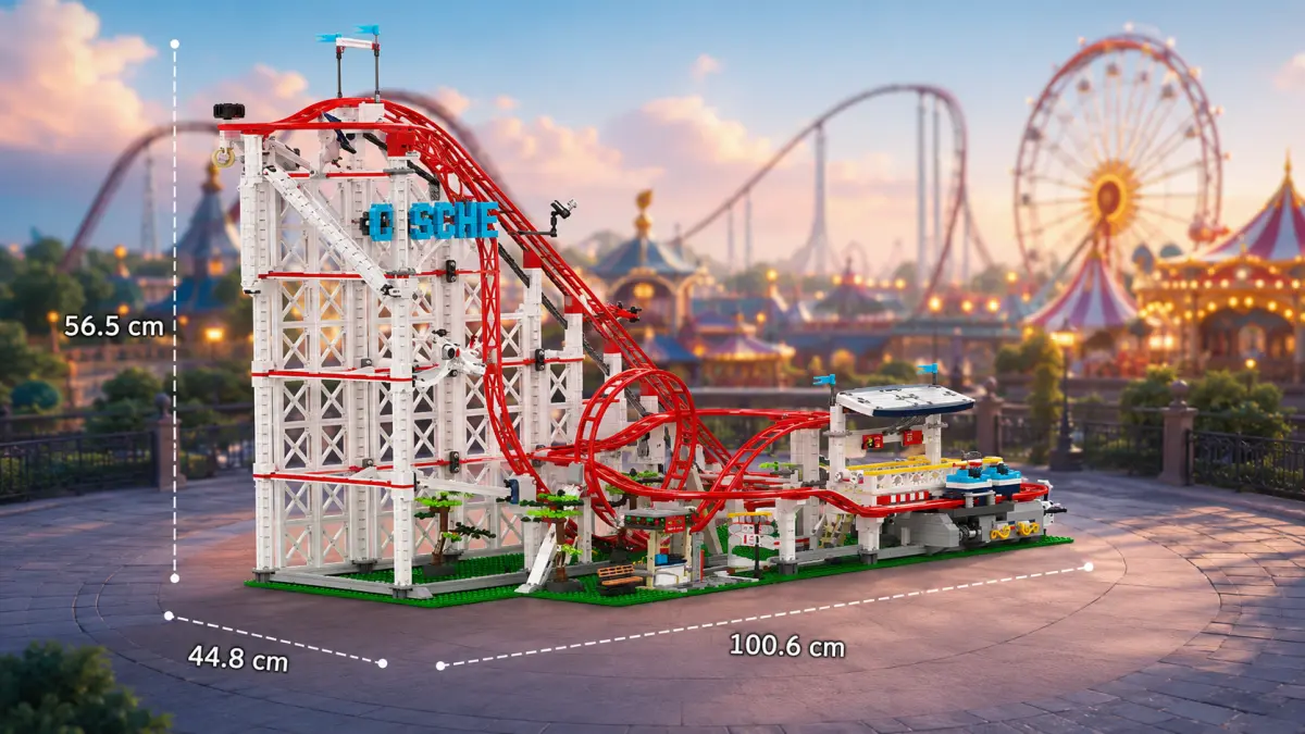 Eğlence parkı arka planında kırmızı raylı blok roller coaster ve belirtilmiş ölçüler