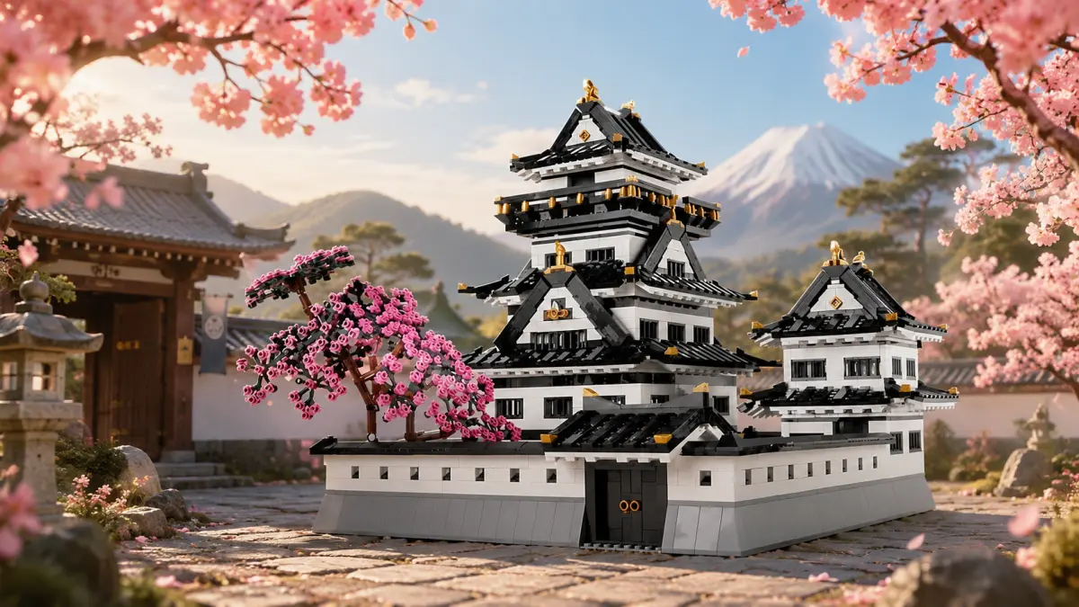 Castelo japon&ecirc;s de blocos com telhados pretos, detalhes dourados e cerejeira em flor