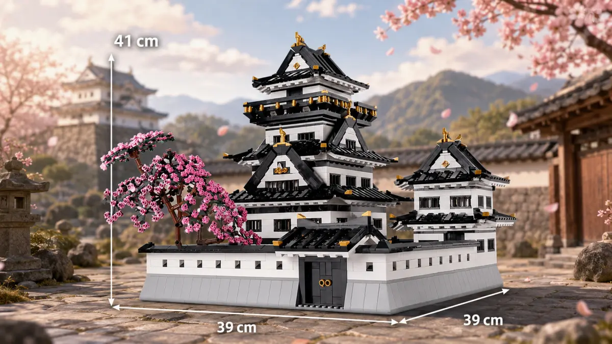 Castelo japon&ecirc;s de blocos com telhados pretos e cerejeira em flor ao fundo das montanhas