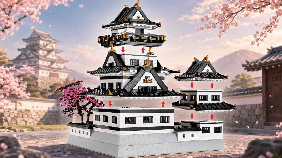 Castelo japon&ecirc;s modular de blocos com andares elev&aacute;veis e cerejeira rosa