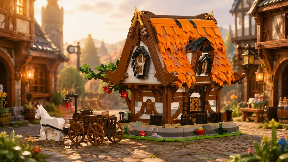 Casa medieval de blocos com telhado laranja, cavalo e carro&ccedil;a numa rua de paralelep&iacute;pedos