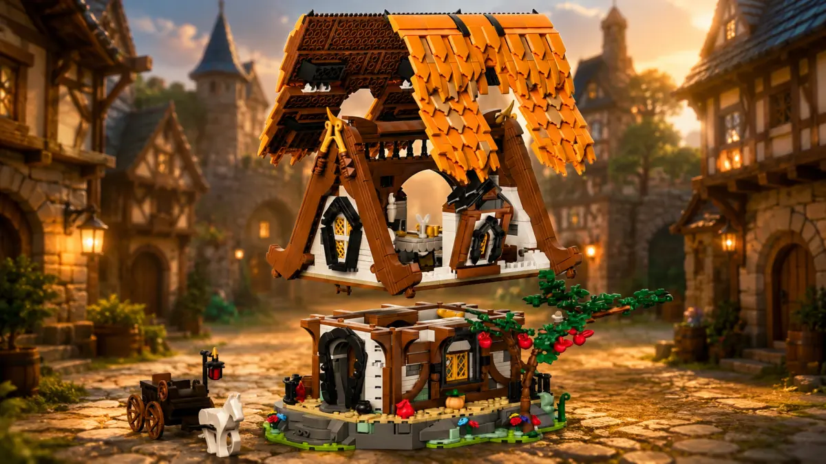 Casa de blocos aberta com telhado laranja, interior, &aacute;rvore e carro&ccedil;a em cen&aacute;rio medieval