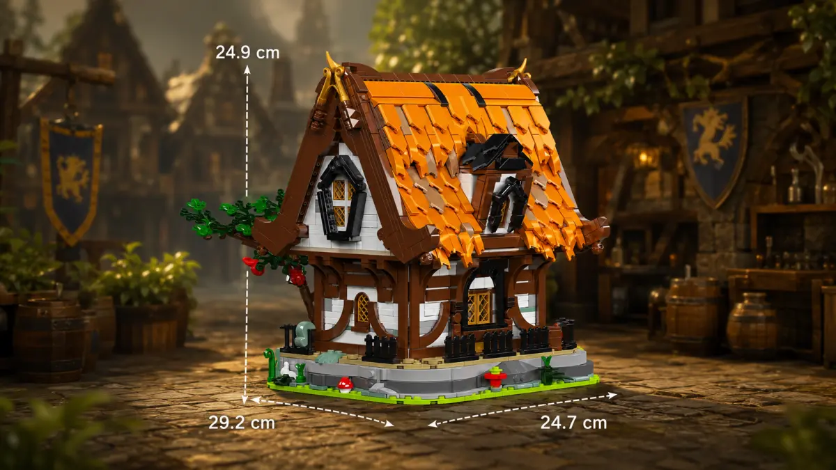 Casa de blocos em estilo medieval com telhado laranja ao fundo de uma antiga rua
