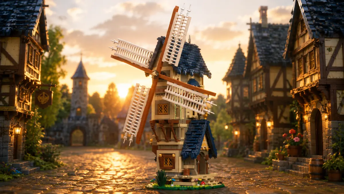 Moinho de vento medieval de blocos numa rua de paralelep&iacute;pedos da cidade ao p&ocirc;r do sol