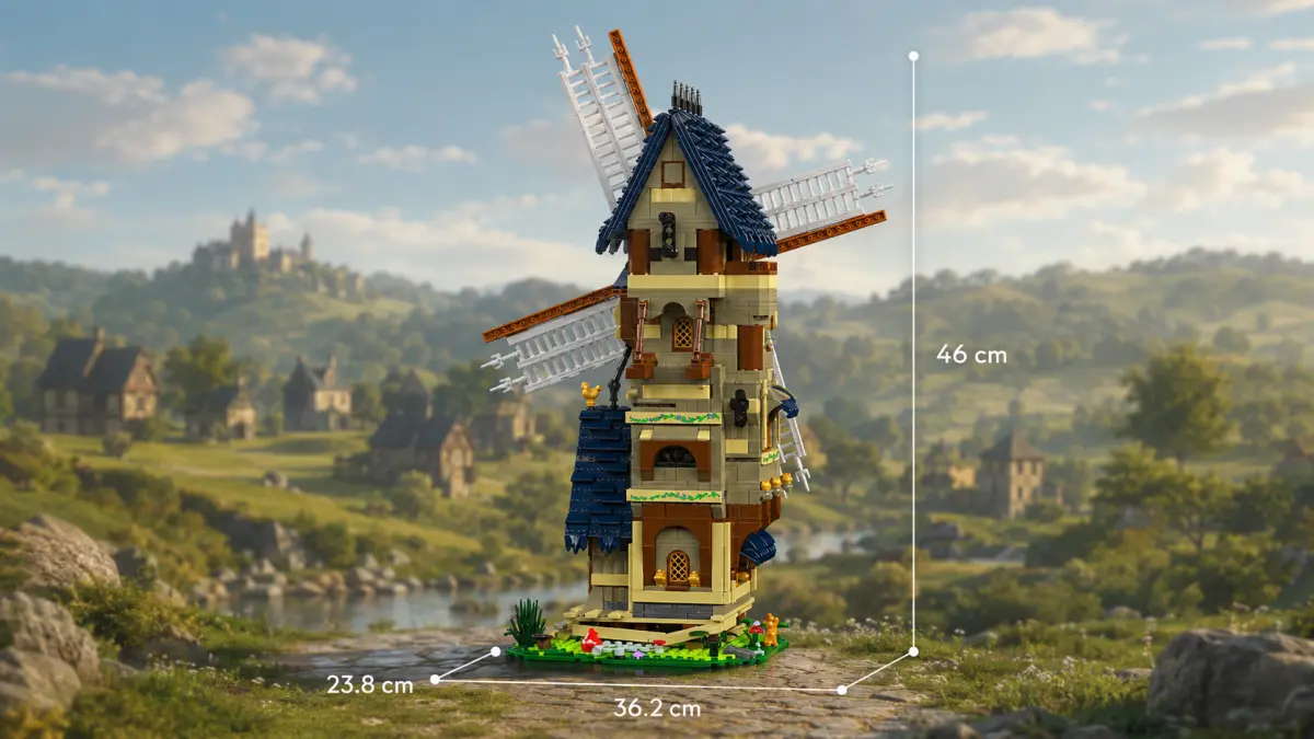 Moinho de vento medieval de blocos com colinas verdes e uma aldeia ao fundo