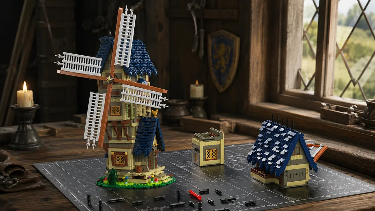 Moinho de vento de blocos com segmentos remov&iacute;veis sobre uma mesa numa oficina medieval