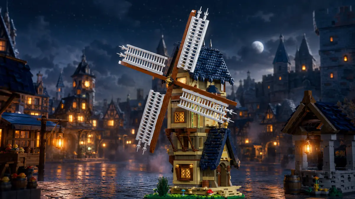Moinho de vento de blocos &agrave; noite numa cidade medieval com lanternas e um castelo ao fundo
