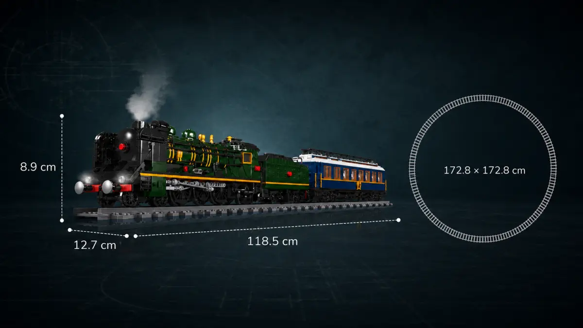 Locomotiva com vag&atilde;o de blocos nos carris com as dimens&otilde;es do conjunto vis&iacute;veis
