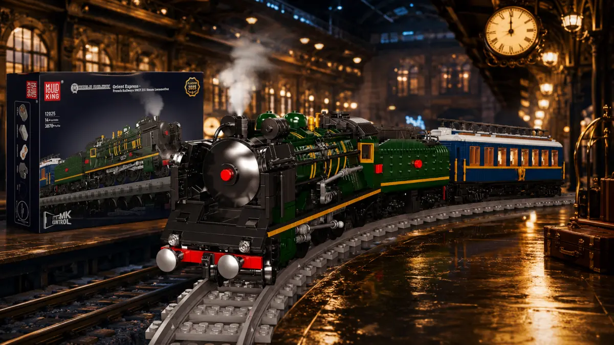 Modelo de locomotiva com vag&atilde;o de blocos em carris curvos num interior elegante