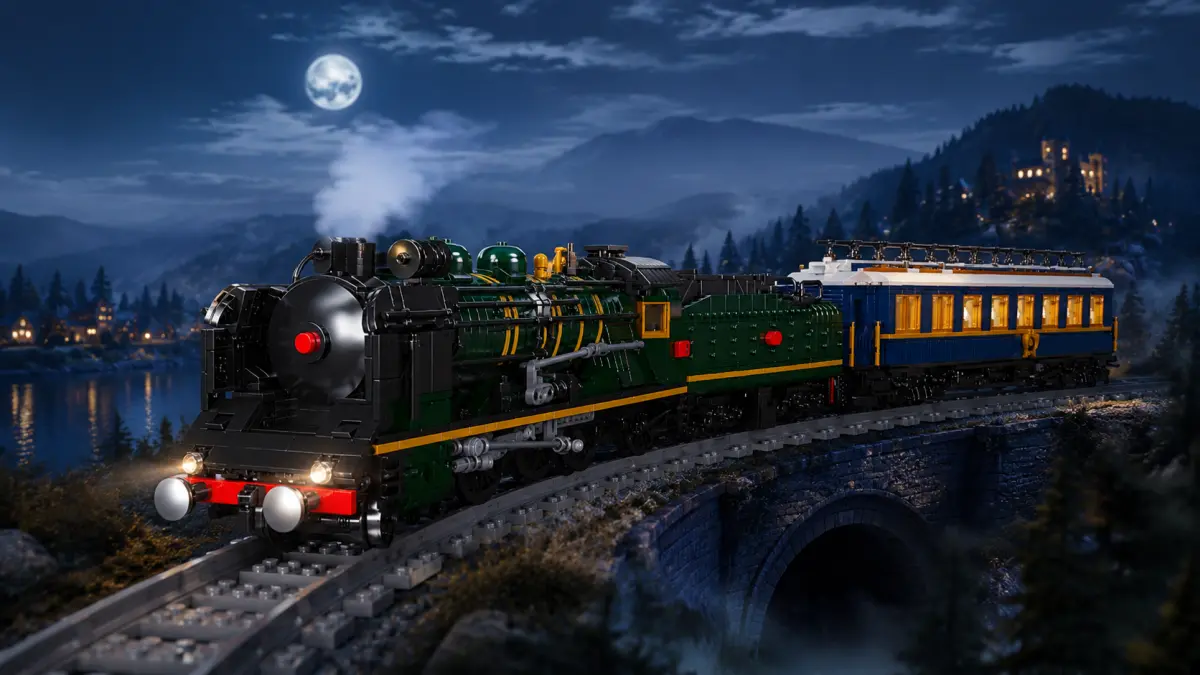 Locomotiva verde com vag&atilde;o azul de blocos numa ponte &agrave; noite