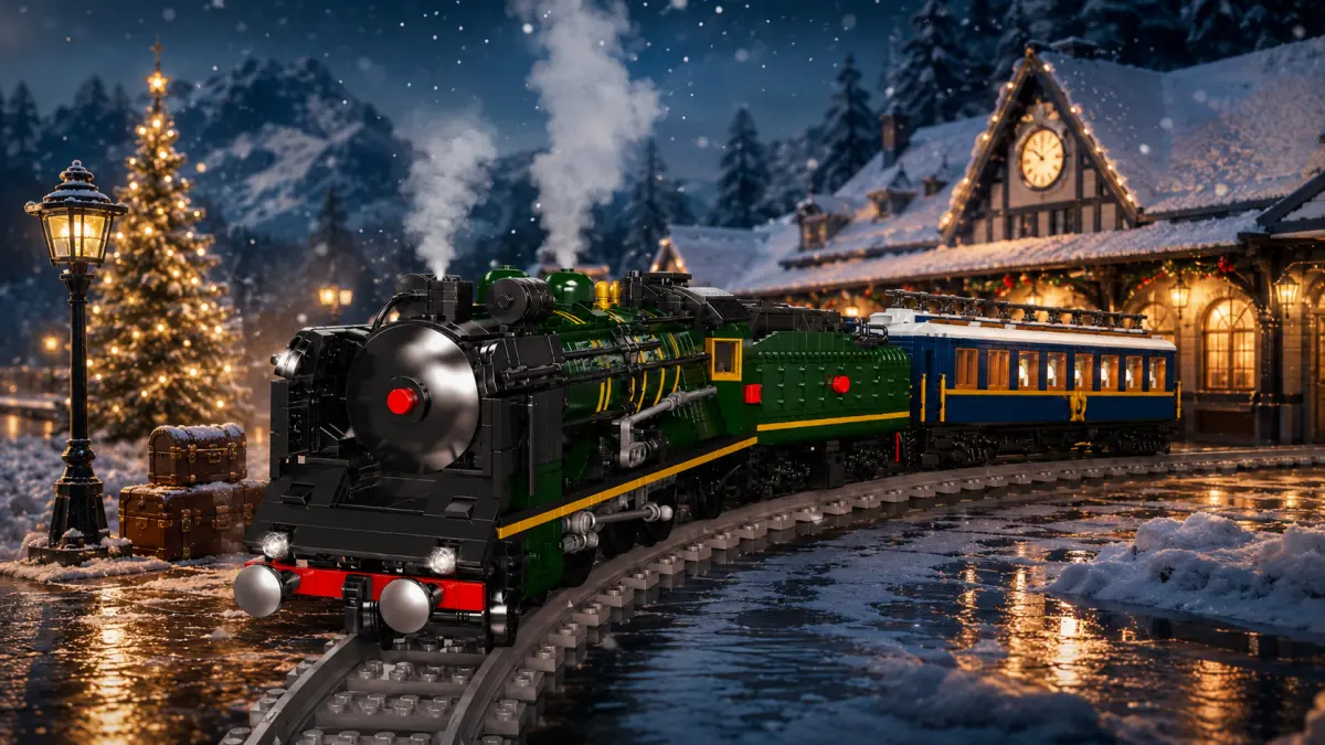 Locomotiva a vapor com vag&atilde;o de blocos nos carris numa paisagem de inverno junto &agrave; esta&ccedil;&atilde;o