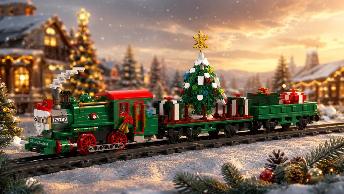 Green Christmas train made of bricks with a Christmas tree and presents in a snowy mountain village.