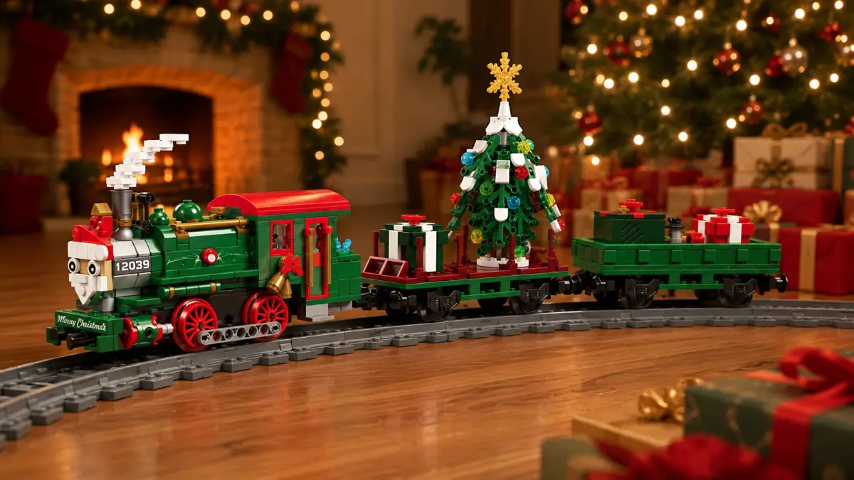 Christmas train made of bricks on tracks by a fireplace, Christmas tree and wrapped presents.