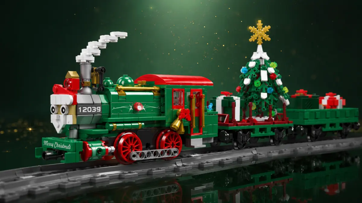 Green and red brick train with a Christmas tree and presents on a dark green background.