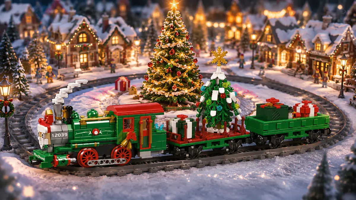 Christmas train made of bricks on a circular track in a snowy miniature village.