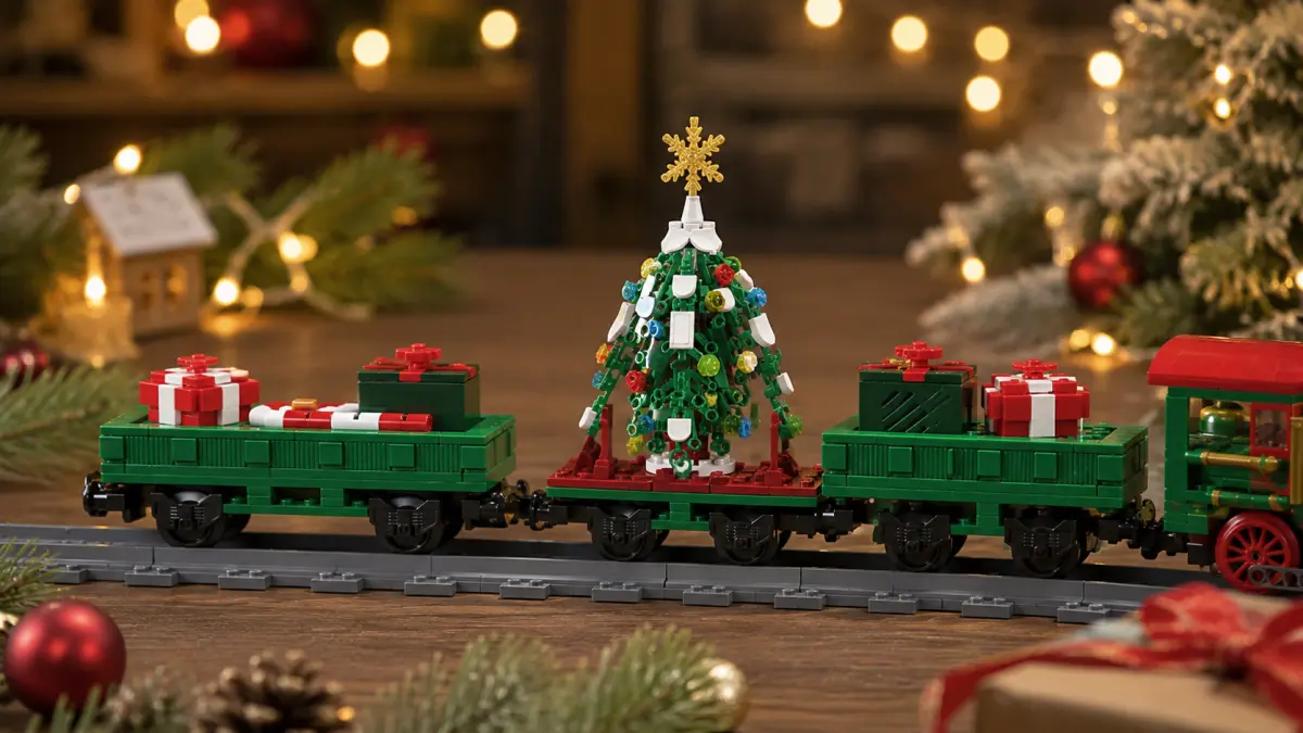 Train carriages made of bricks carrying a decorated Christmas tree and festive presents.