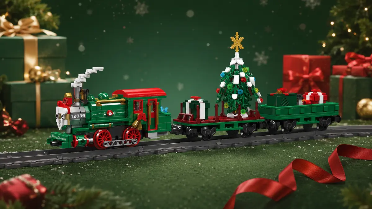 Christmas train made of bricks on tracks, surrounded by presents, baubles and a red ribbon.