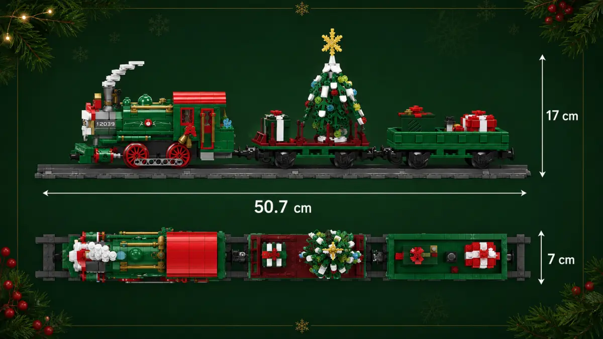 Side and top view of a Christmas train made of bricks with marked dimensions.