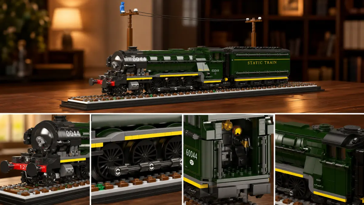 Model parní lokomotivy s tendrem a detailní záběry na přední část, kola, kabinu strojvedoucího a horní část konstrukce.